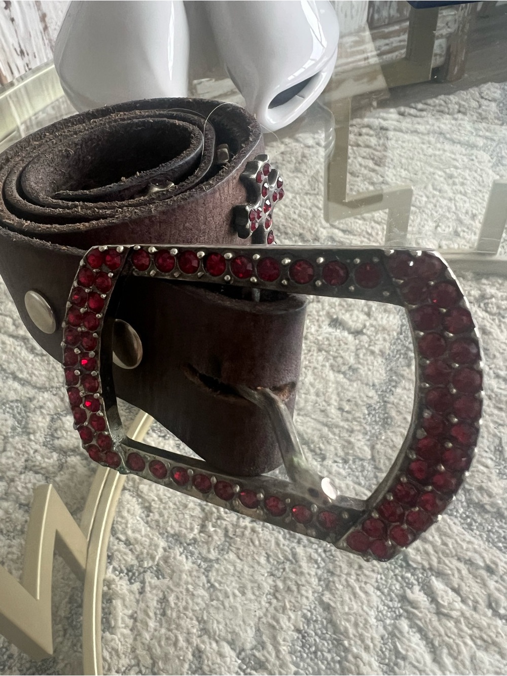 Brown Leather Belt with Red Crystal Buckle